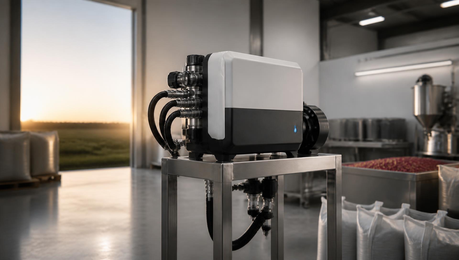 Free Stream delivery device mounted on a stainless stand inside a seed treatment facility